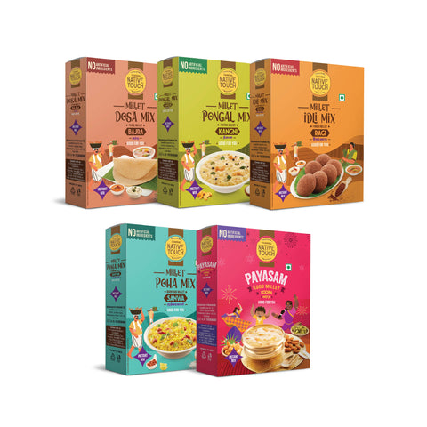 5 Packs of Millet Combo Special Pack - Dosa Mix, Pongal Mix, Idly Mix, Poha Mix & Payasam